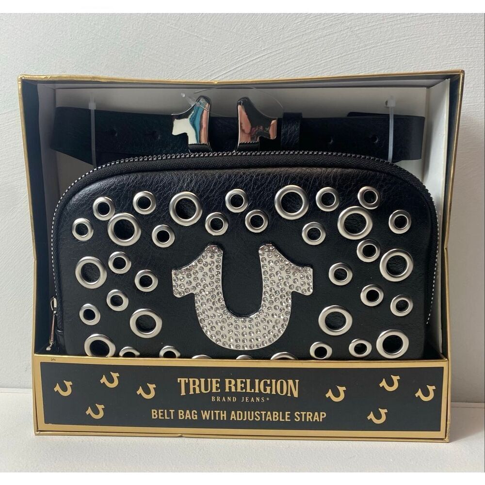 True Religion New Belt Bag Crossbody With Adjustable Strap Black Silver Logo.